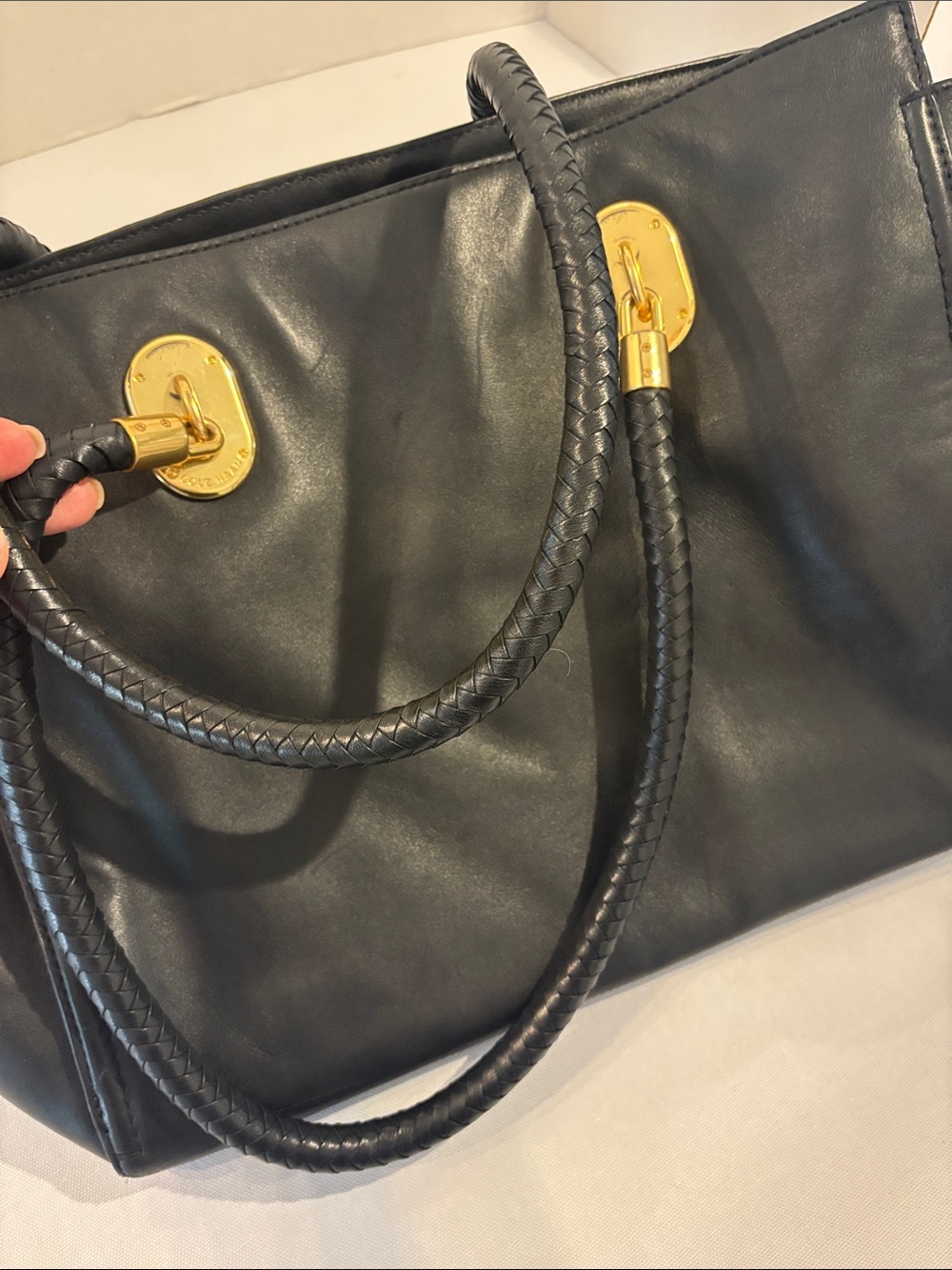 Cole Haan Classic Black Leather Work Tote with Gold Hardware and Braided Handles - Picture 7 of 12